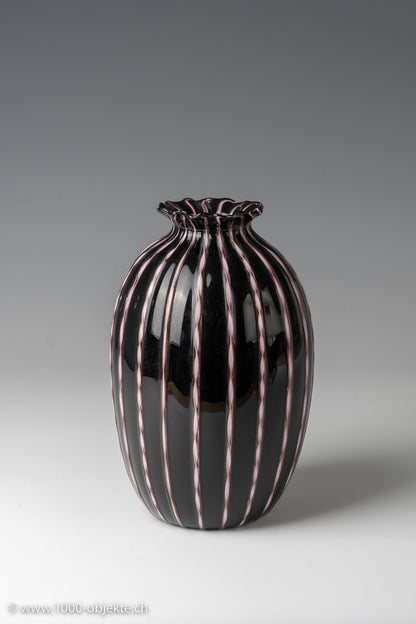 Murano glass vase Fratelli Toso ca. 1965 label, black pink aventurine glass