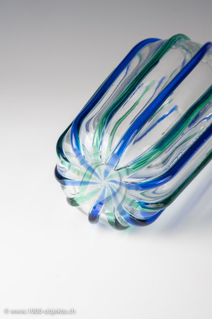 Archimede Seguso, clear glass with alternating blue and green applied stripes. Each signed on bottom.